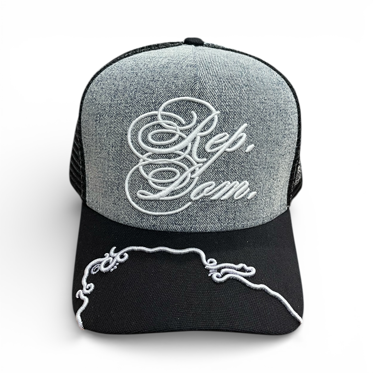 Rep Dom Trucker Hat w/partial under-mesh design Denim