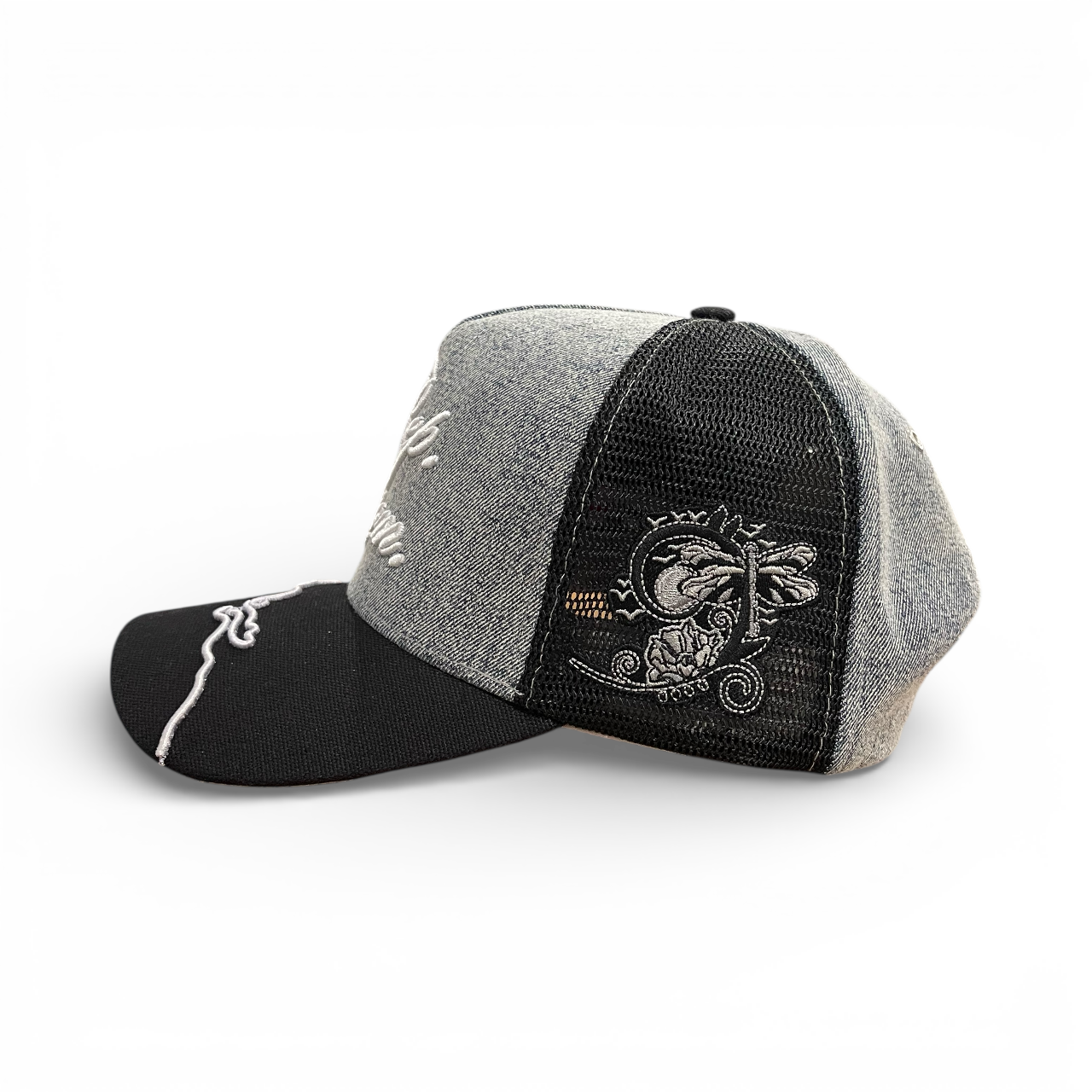 Rep Dom Trucker Hat w/partial under-mesh design Denim