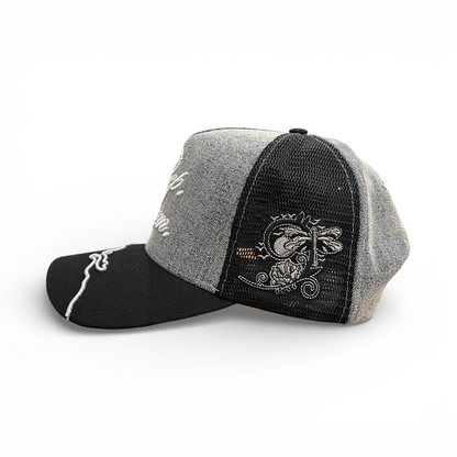 Rep Dom Trucker Hat w/partial under-mesh design Denim