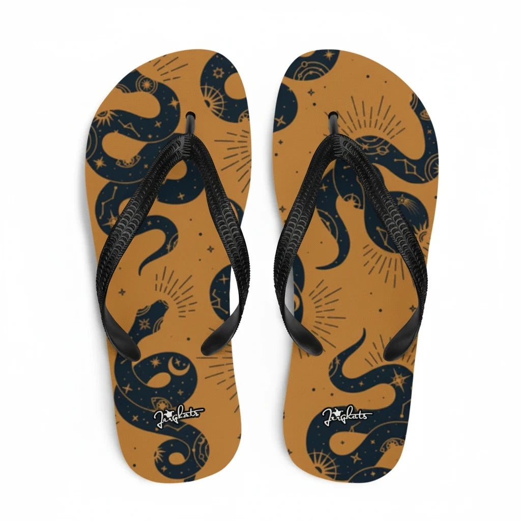 JERGHATS flip-flops with a mustard yellow base, black snake and celestial print, and black Y-shaped rubber straps.