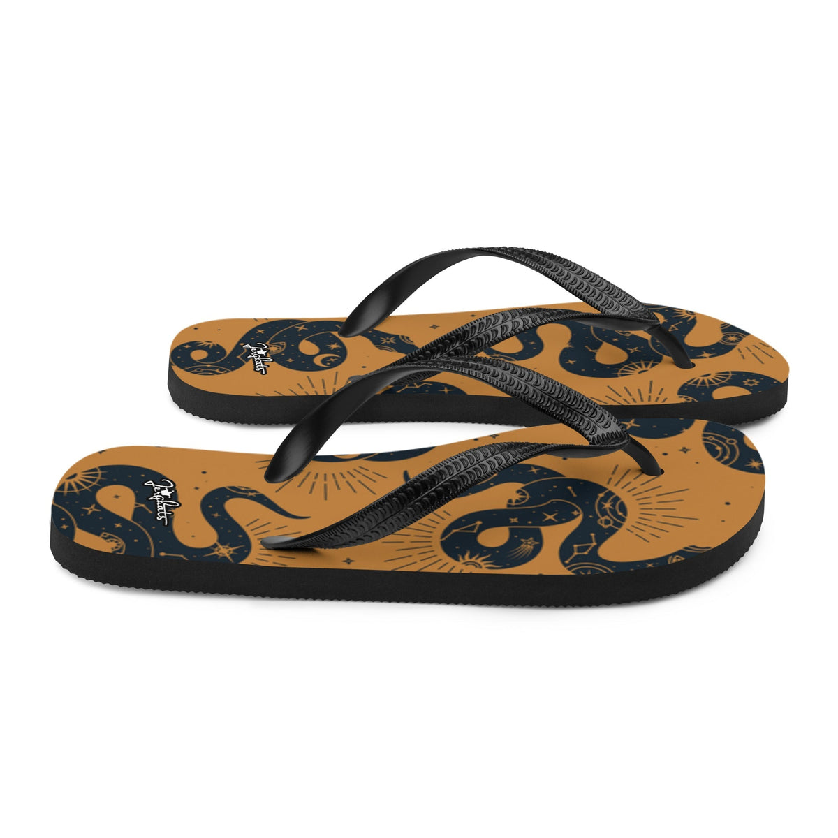 JERGHATS flip-flops with a mustard yellow footbed featuring a black snake and celestial print and black rubber straps.